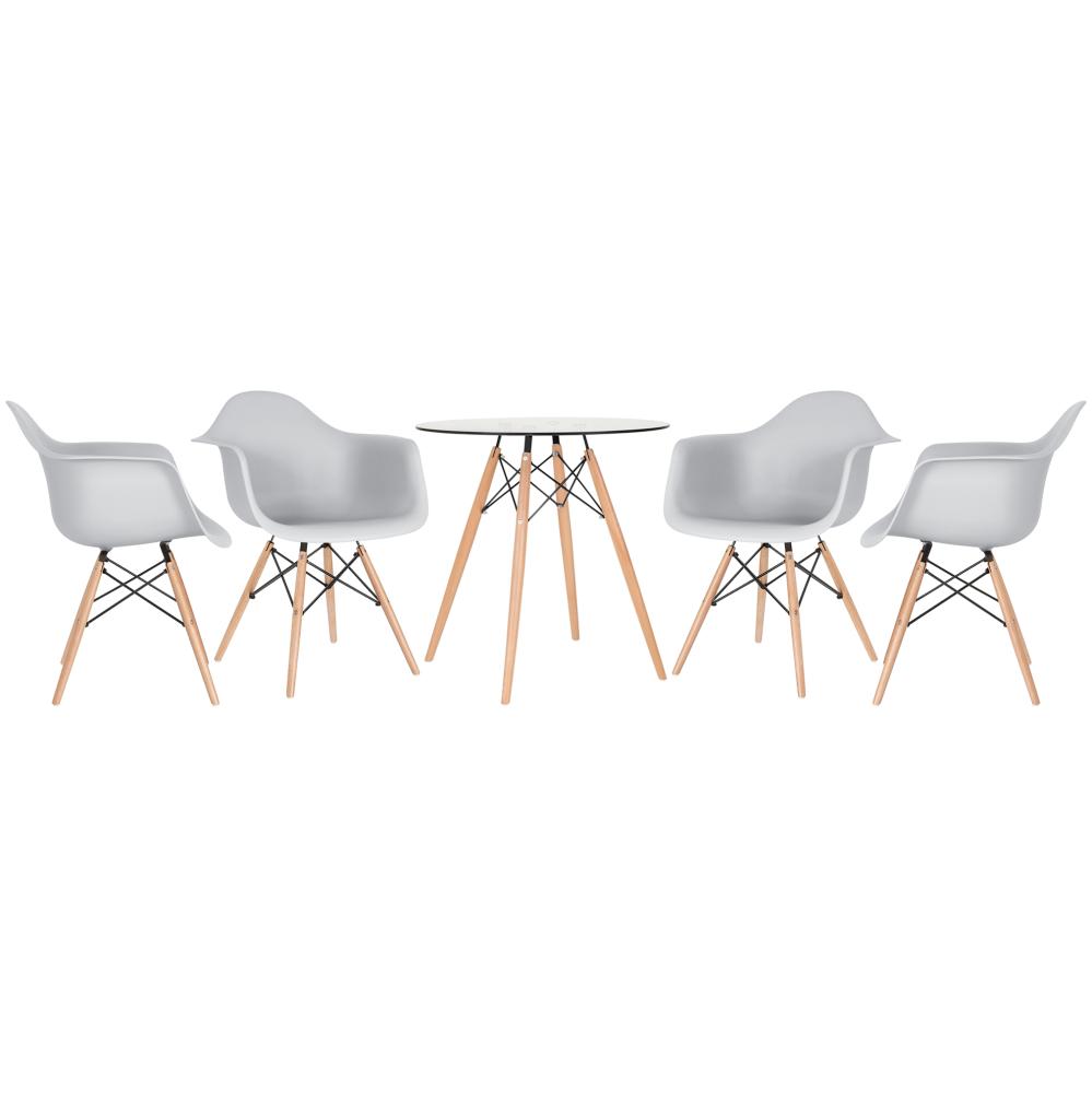 Mesa redonda Eames com tampo de vidro 70 cm + 4 cadeiras Eiffel DAW Cinza claro