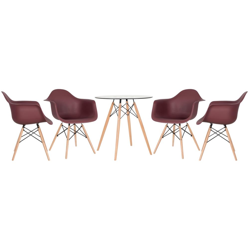 Mesa redonda Eames com tampo de vidro 70 cm + 4 cadeiras Eiffel DAW Marrom
