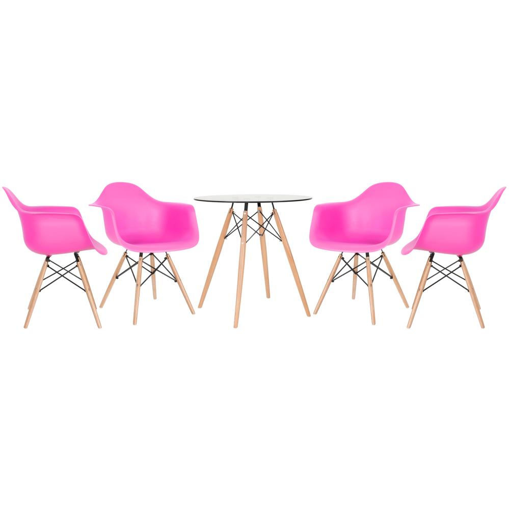 Mesa redonda Eames com tampo de vidro 70 cm + 4 cadeiras Eiffel DAW Rosa pink