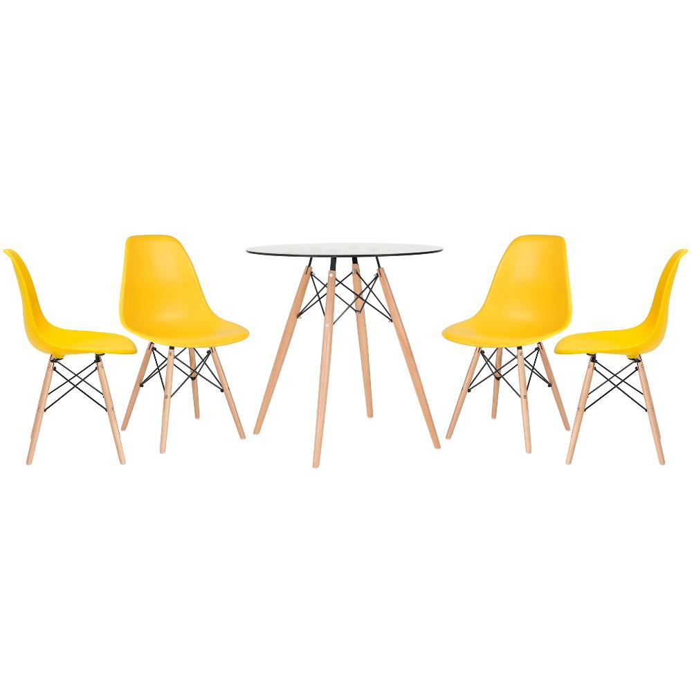 Mesa redonda Eames com tampo de vidro 70 cm + 4 cadeiras Eiffel DSW Amarelo