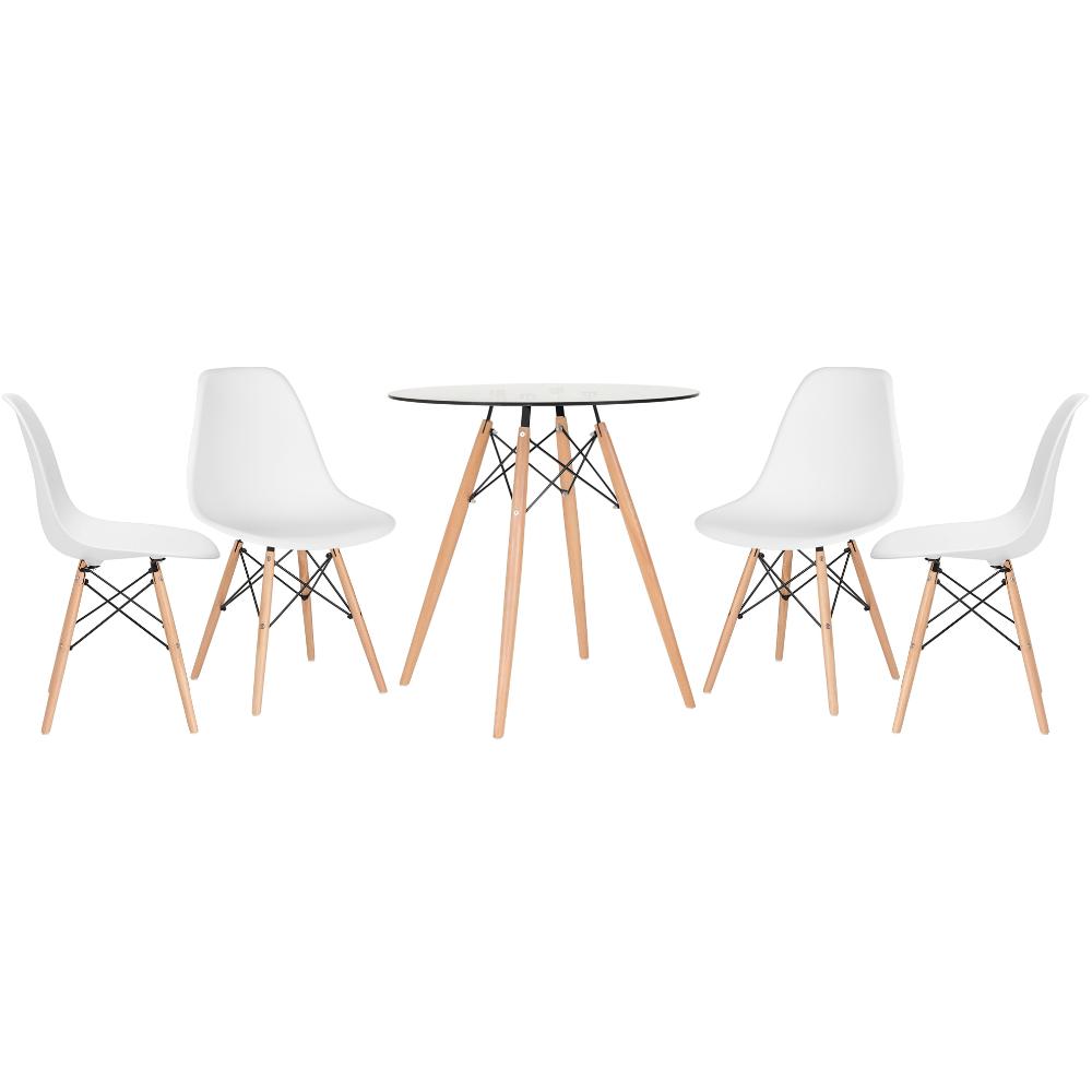 Mesa redonda Eames com tampo de vidro 70 cm + 4 cadeiras Eiffel DSW Branco