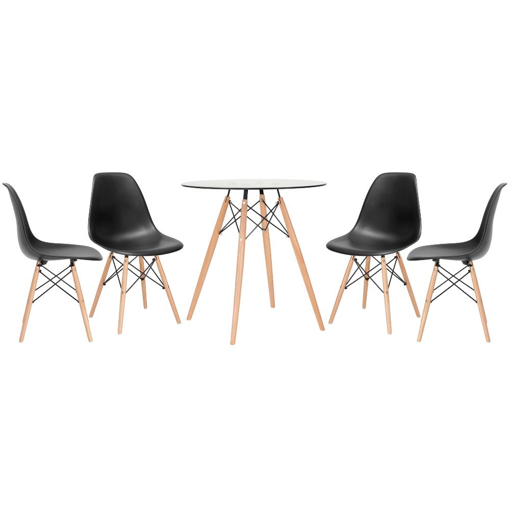Mesa redonda Eames com tampo de vidro 70 cm + 4 cadeiras Eiffel DSW Preto