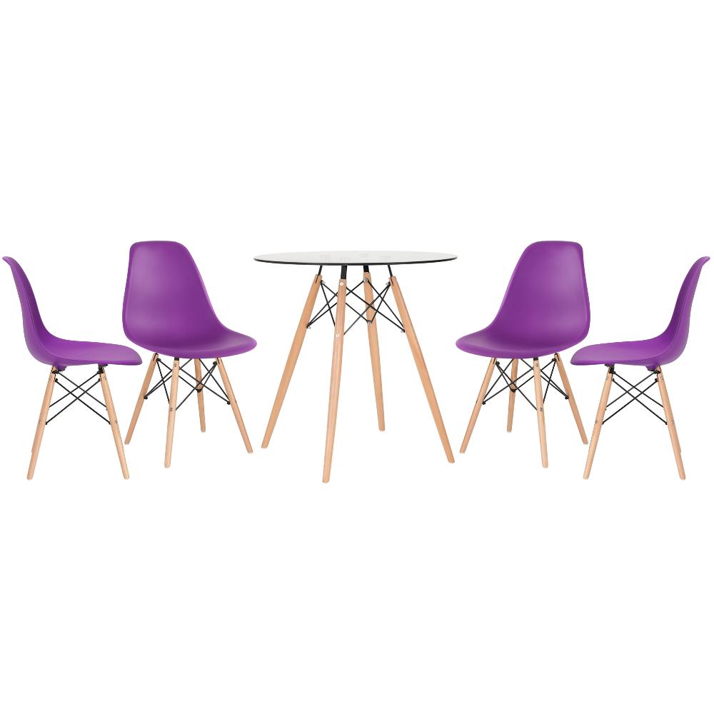 Mesa redonda Eames com tampo de vidro 70 cm + 4 cadeiras Eiffel DSW Roxo