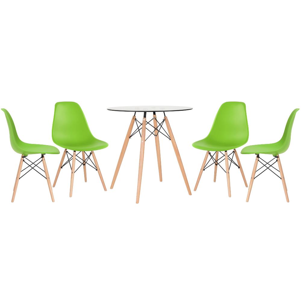 Mesa redonda Eames com tampo de vidro 70 cm + 4 cadeiras Eiffel DSW Verde claro