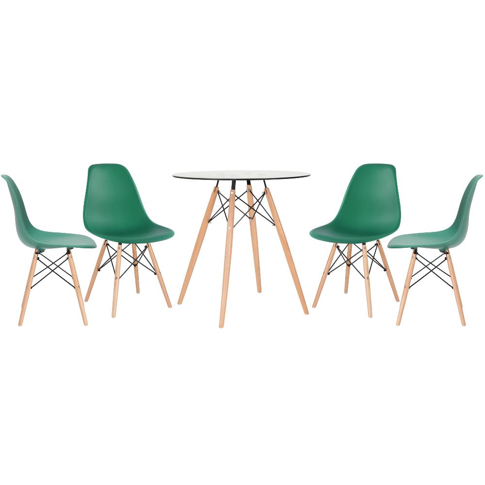 Mesa redonda Eames com tampo de vidro 70 cm + 4 cadeiras Eiffel DSW Verde escuro