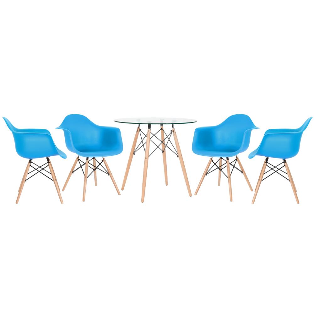 Mesa redonda Eames com tampo de vidro 80 cm + 4 cadeiras Eiffel DAW Azul céu