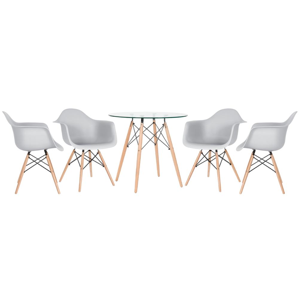 Mesa redonda Eames com tampo de vidro 80 cm + 4 cadeiras Eiffel DAW Cinza claro