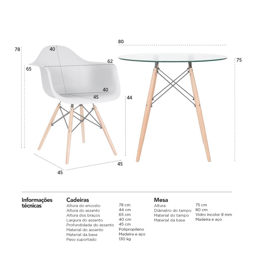 Mesa redonda Eames com tampo de vidro 80 cm + 4 cadeiras Eiffel DAW Cinza claro