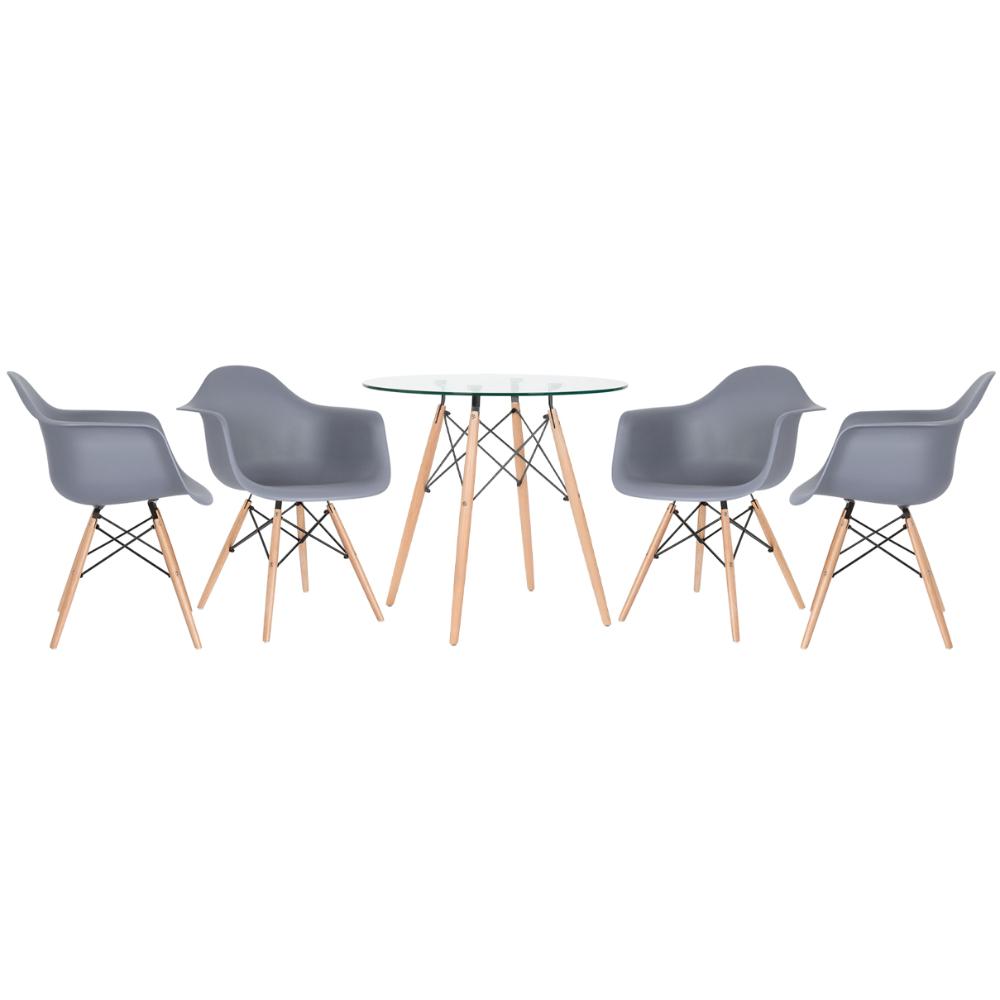 Mesa redonda Eames com tampo de vidro 80 cm + 4 cadeiras Eiffel DAW Cinza escuro