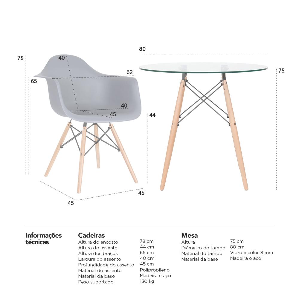 Mesa redonda Eames com tampo de vidro 80 cm + 4 cadeiras Eiffel DAW Cinza escuro