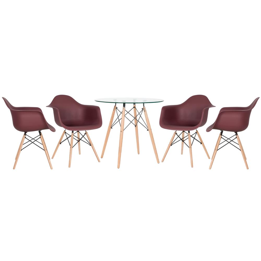 Mesa redonda Eames com tampo de vidro 80 cm + 4 cadeiras Eiffel DAW Marrom