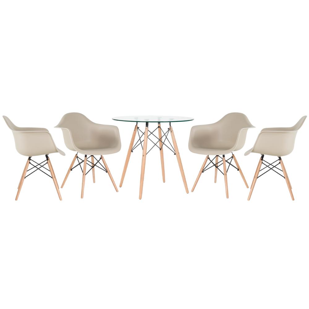 Mesa redonda Eames com tampo de vidro 80 cm + 4 cadeiras Eiffel DAW Nude