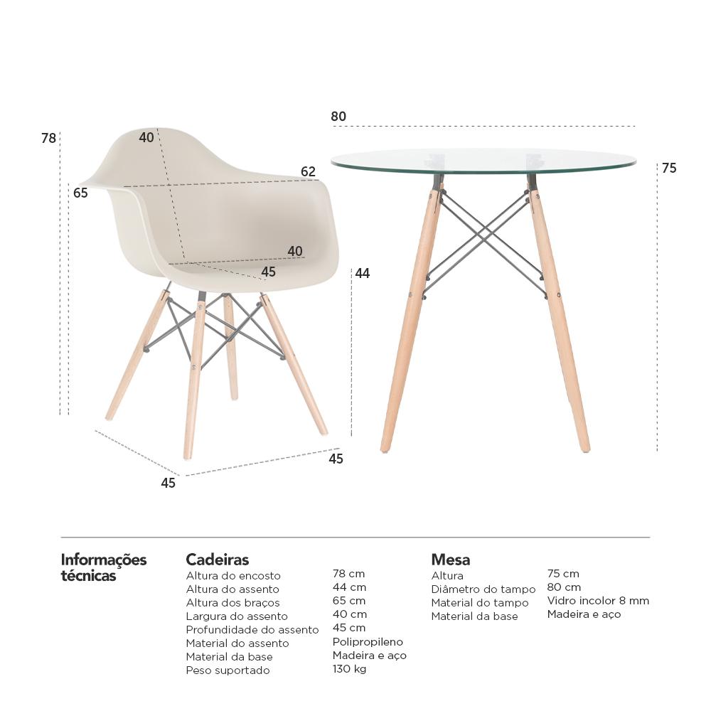 Mesa redonda Eames com tampo de vidro 80 cm + 4 cadeiras Eiffel DAW Nude
