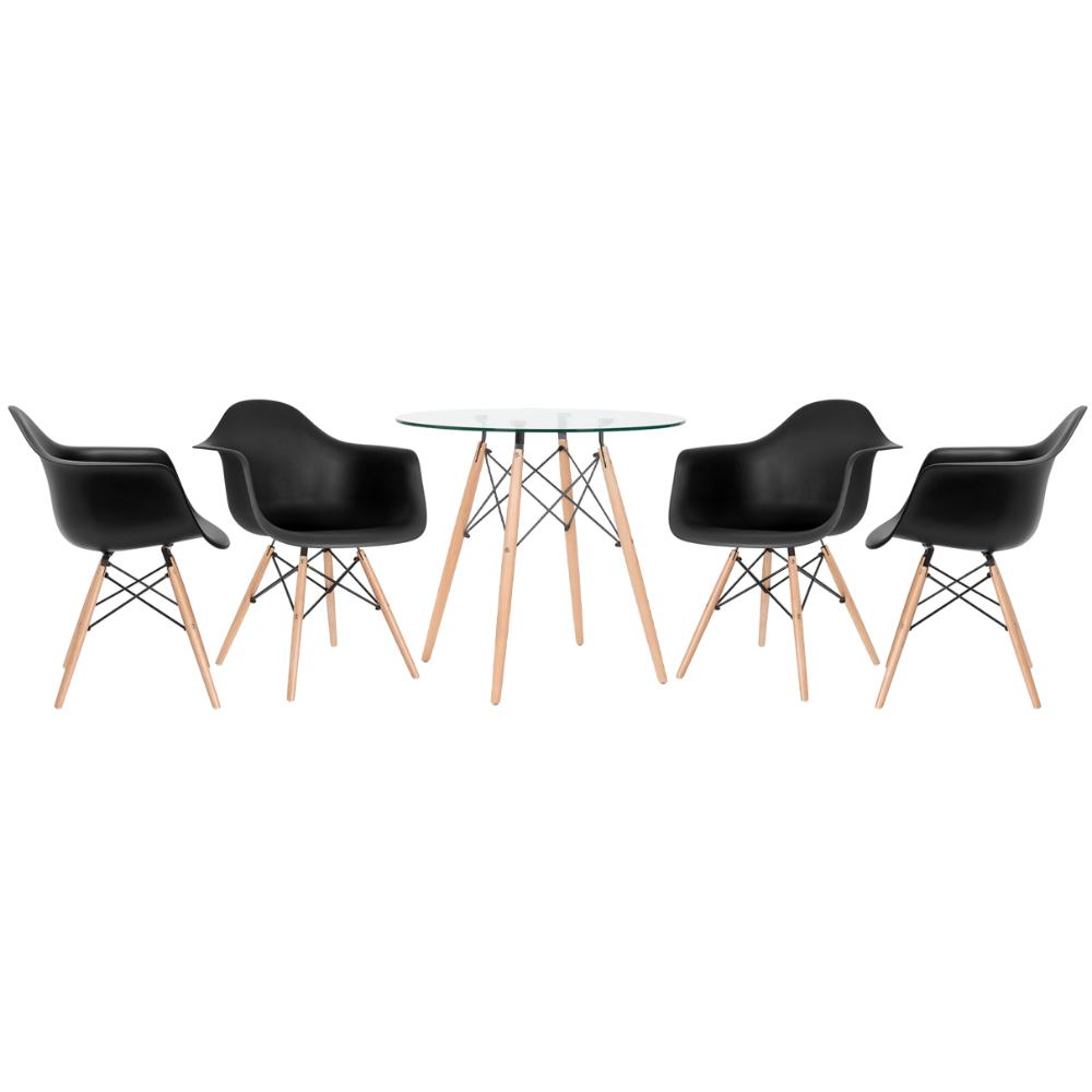 Mesa redonda Eames com tampo de vidro 80 cm + 4 cadeiras Eiffel DAW Preto