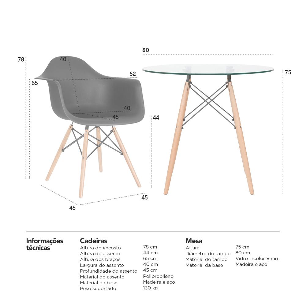 Mesa redonda Eames com tampo de vidro 80 cm + 4 cadeiras Eiffel DAW Preto