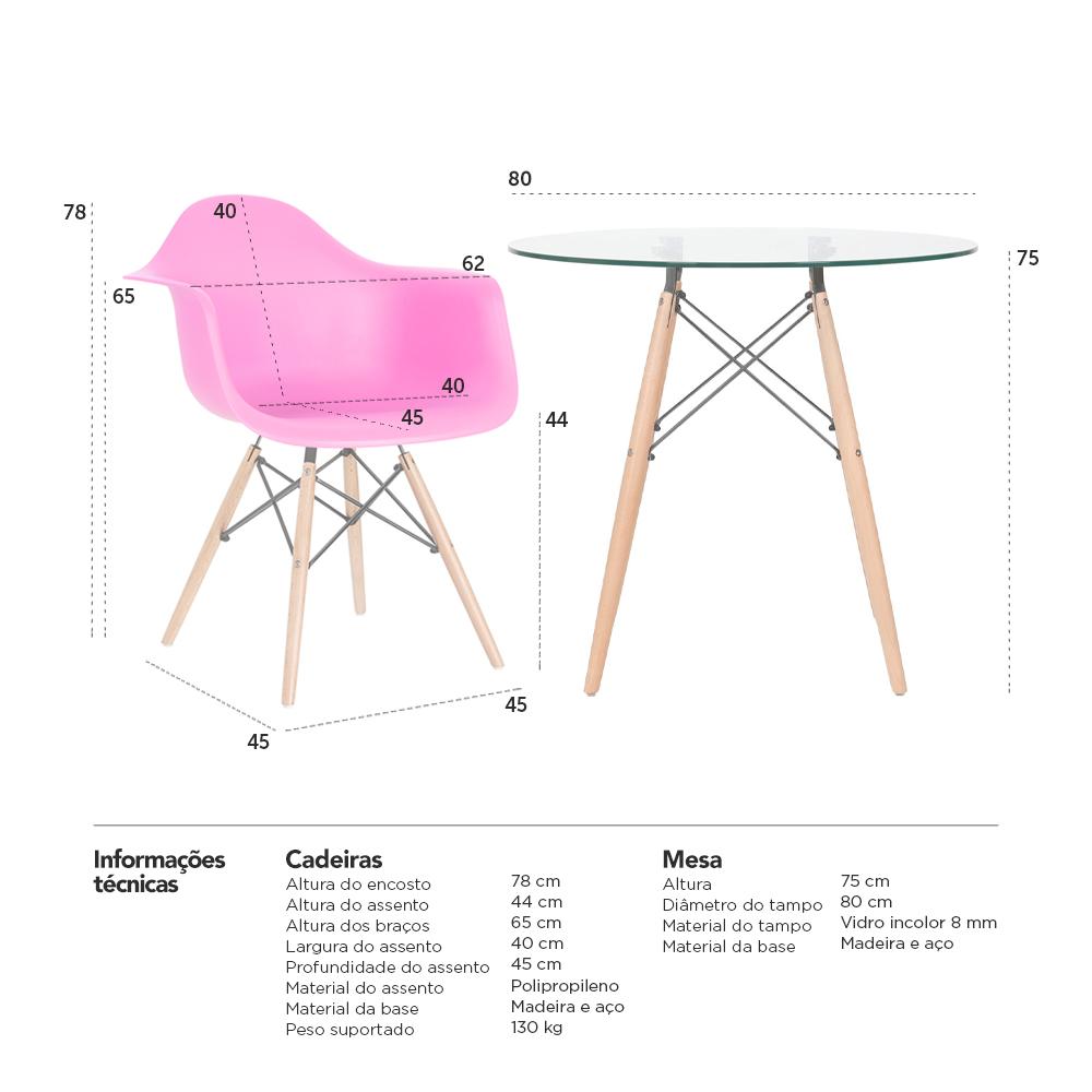 Mesa redonda Eames com tampo de vidro 80 cm + 4 cadeiras Eiffel DAW Rosa pink