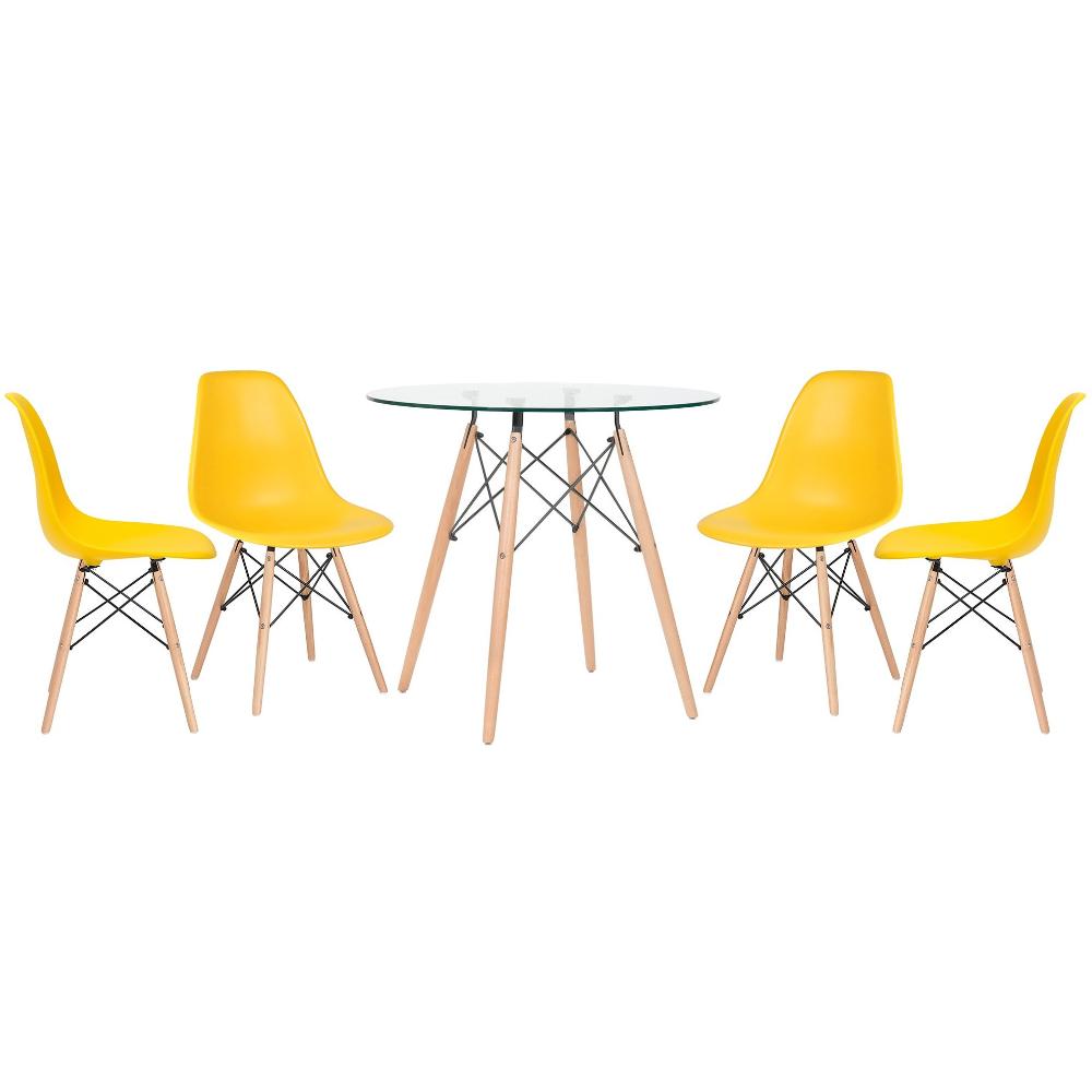 Mesa redonda Eames com tampo de vidro 80 cm + 4 cadeiras Eiffel DSW Amarelo