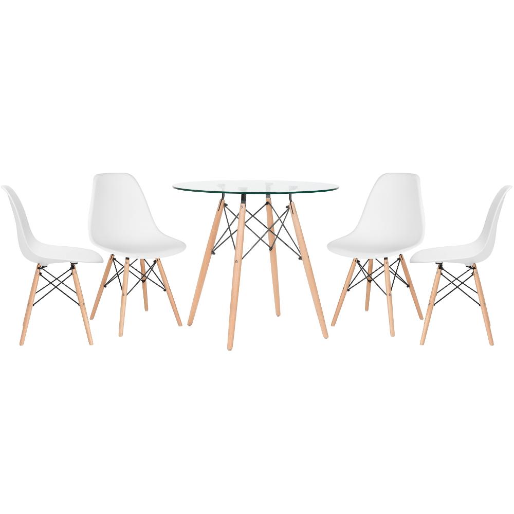 Mesa redonda Eames com tampo de vidro 80 cm + 4 cadeiras Eiffel DSW Branco