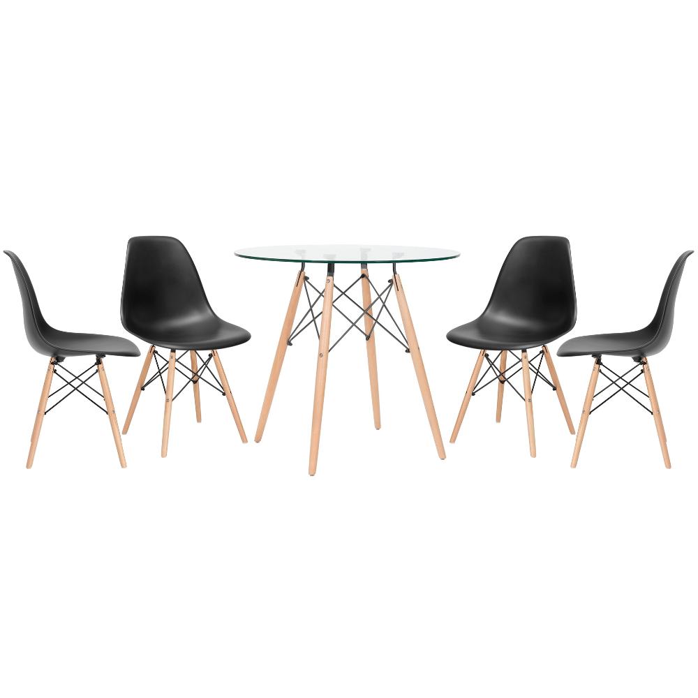 Mesa redonda Eames com tampo de vidro 80 cm + 4 cadeiras Eiffel DSW Preto