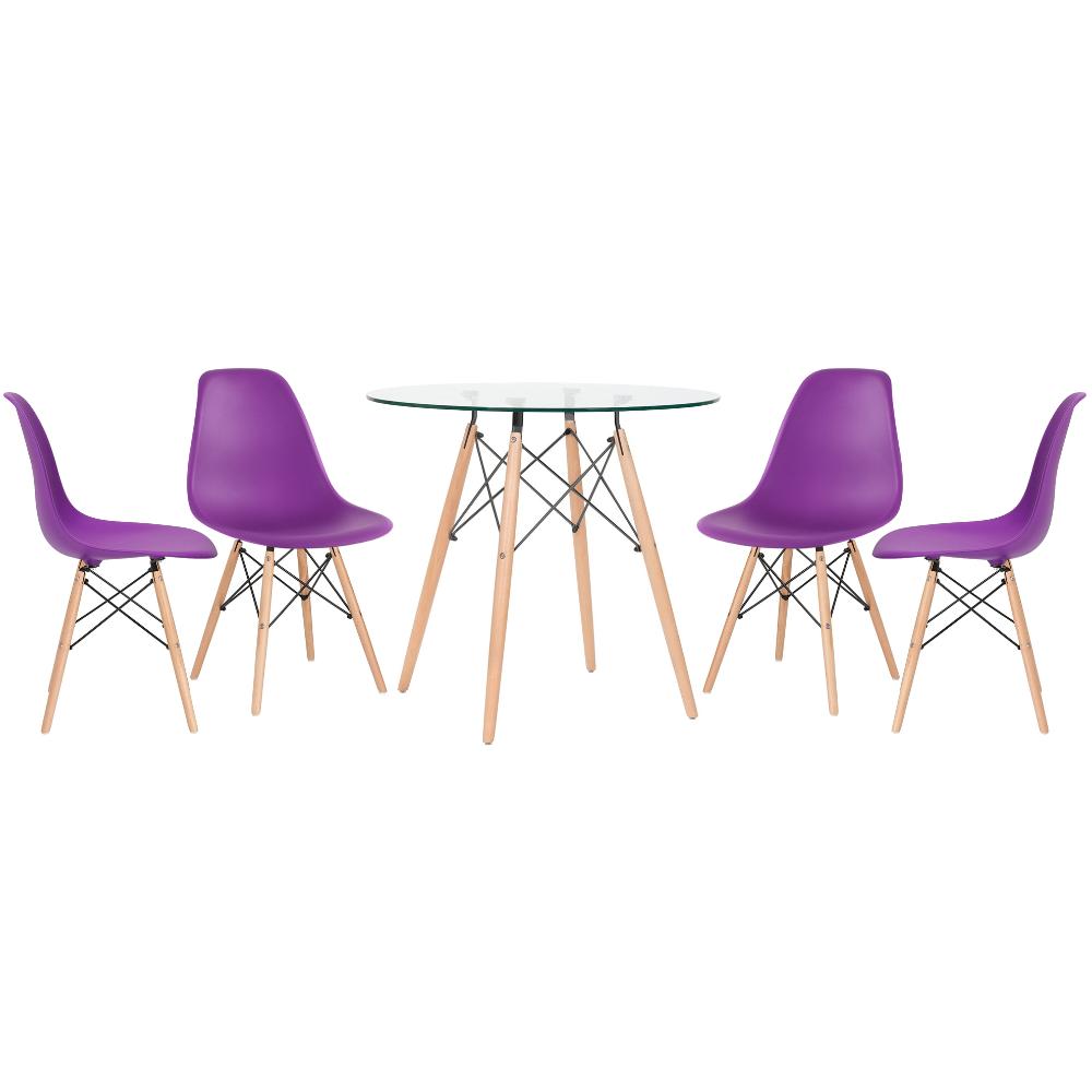 Mesa redonda Eames com tampo de vidro 80 cm + 4 cadeiras Eiffel DSW Roxo