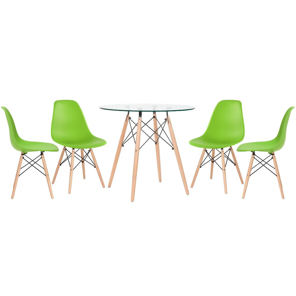 Mesa redonda Eames com tampo de vidro 80 cm + 4 cadeiras Eiffel DSW Verde claro