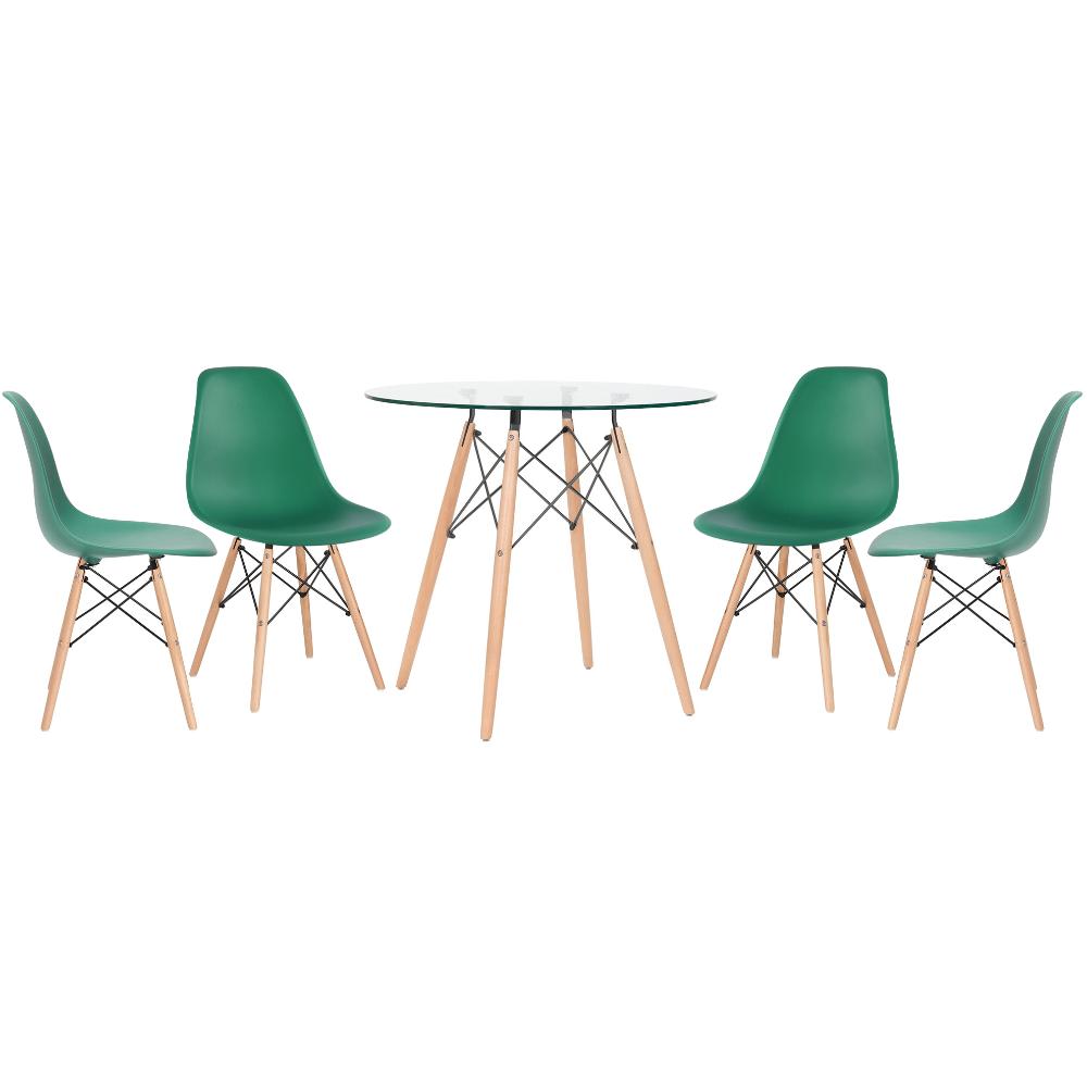 Mesa redonda Eames com tampo de vidro 80 cm + 4 cadeiras Eiffel DSW Verde escuro