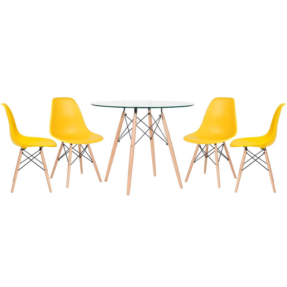 Mesa redonda Eames com tampo de vidro 90 cm + 4 cadeiras Eiffel DSW Amarelo