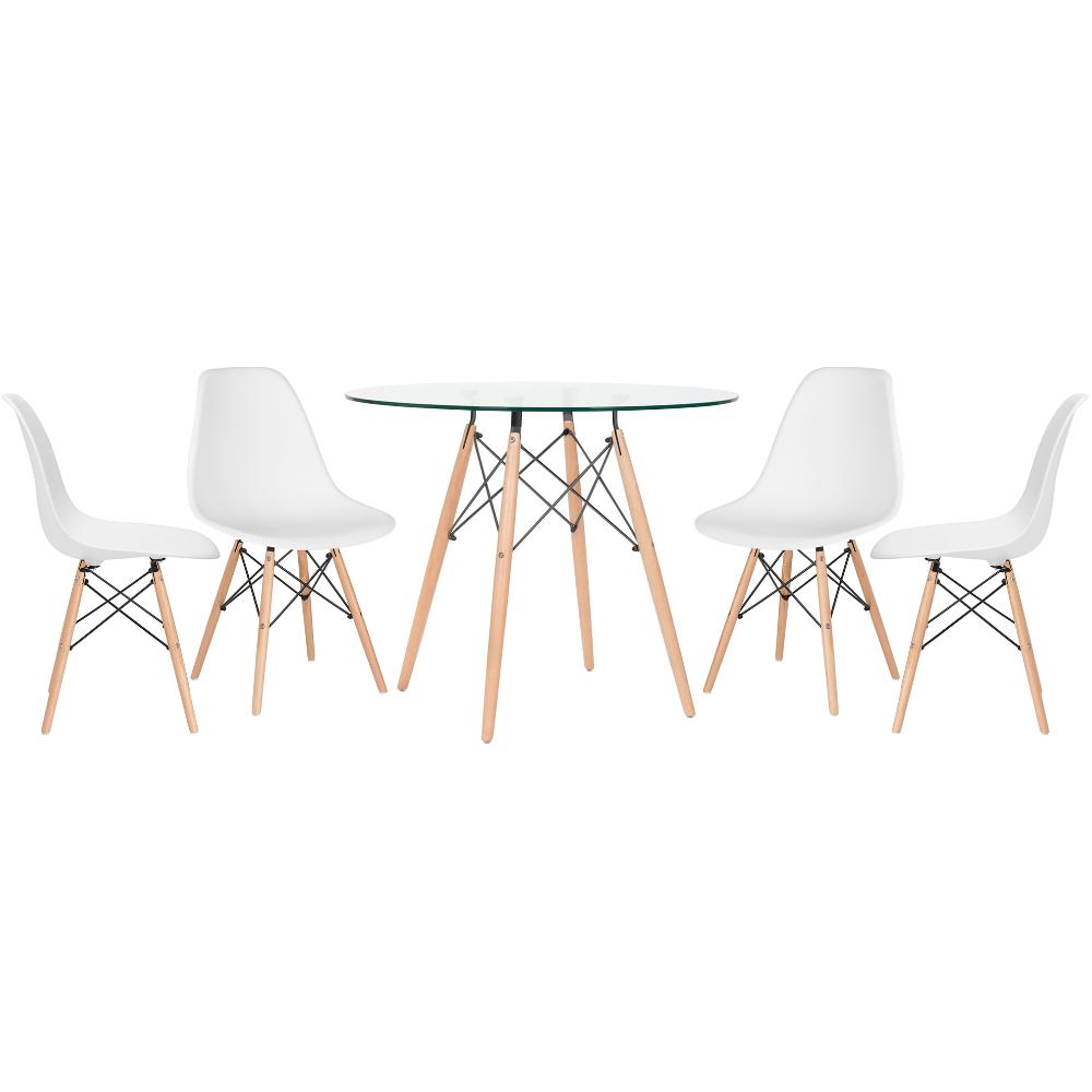Mesa redonda Eames com tampo de vidro 90 cm + 4 cadeiras Eiffel DSW Branco