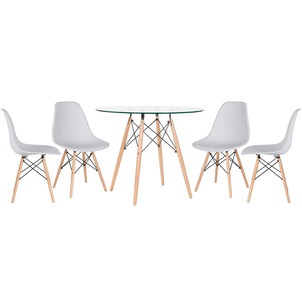 Mesa redonda Eames com tampo de vidro 90 cm + 4 cadeiras Eiffel DSW Cinza claro