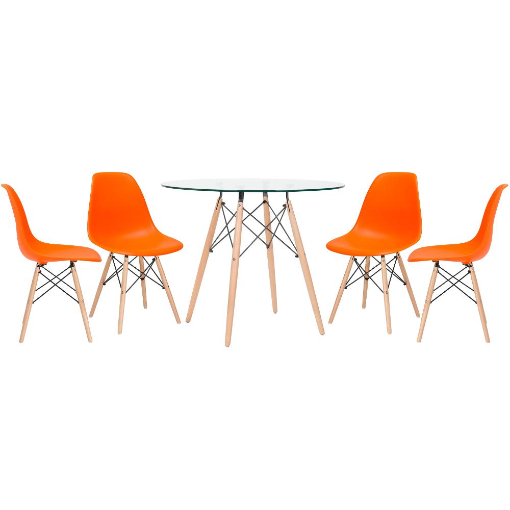 Mesa redonda Eames com tampo de vidro 90 cm + 4 cadeiras Eiffel DSW Laranja
