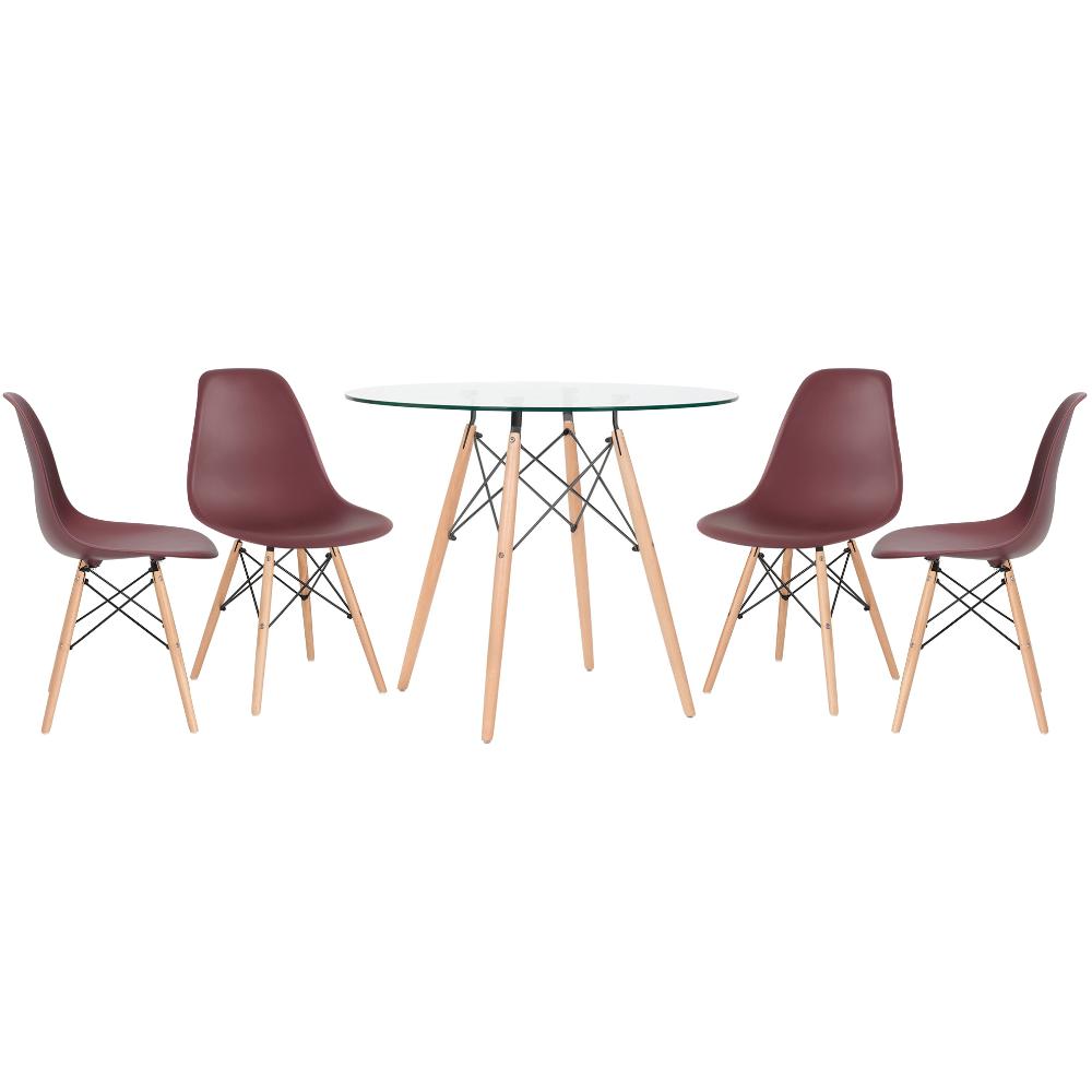 Mesa redonda Eames com tampo de vidro 90 cm + 4 cadeiras Eiffel DSW Marrom