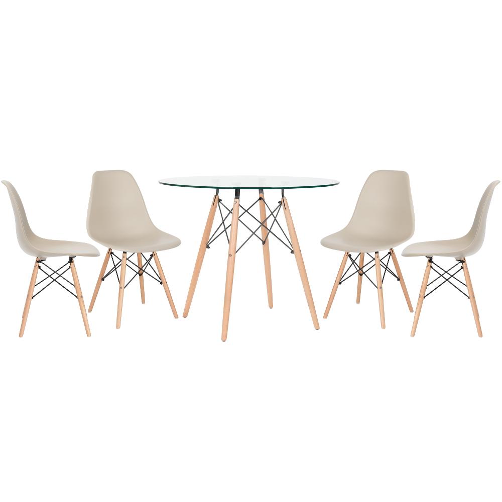 Mesa redonda Eames com tampo de vidro 90 cm + 4 cadeiras Eiffel DSW Nude