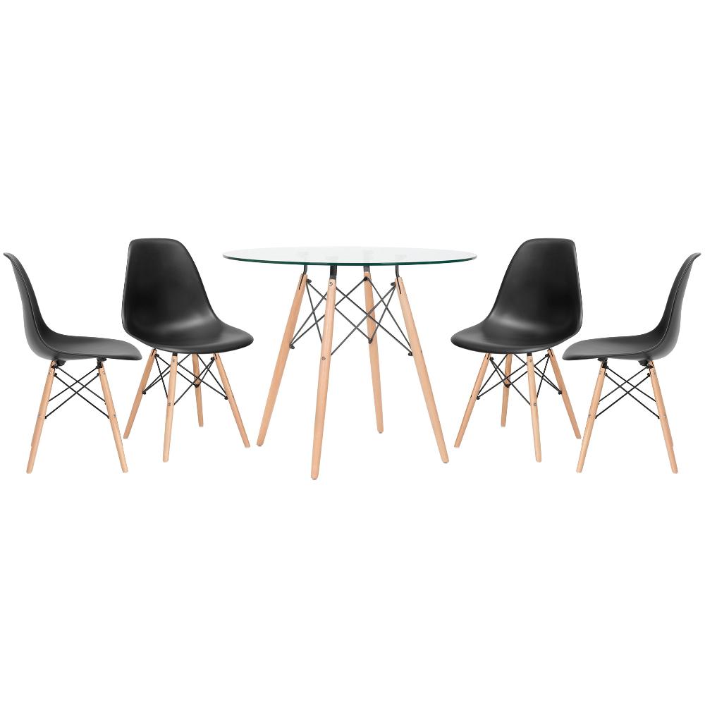 Mesa redonda Eames com tampo de vidro 90 cm + 4 cadeiras Eiffel DSW Preto