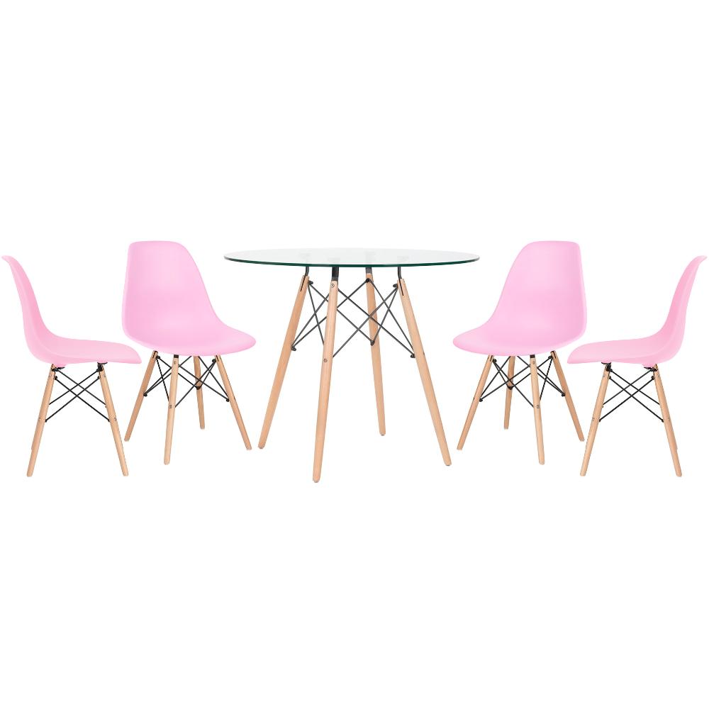 Mesa redonda Eames com tampo de vidro 90 cm + 4 cadeiras Eiffel DSW Rosa claro