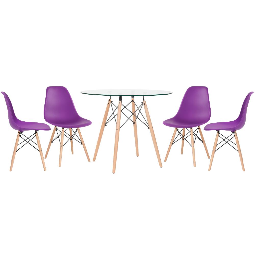 Mesa redonda Eames com tampo de vidro 90 cm + 4 cadeiras Eiffel DSW Roxo