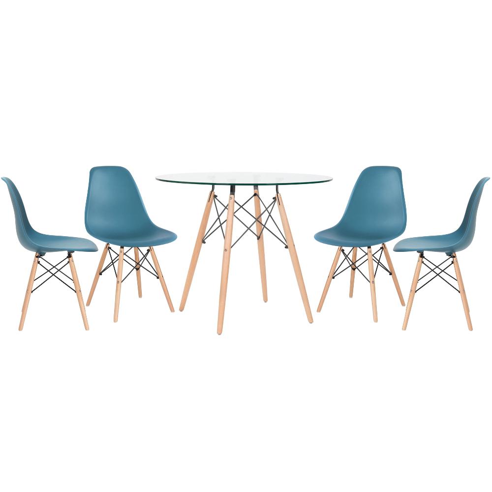 Mesa redonda Eames com tampo de vidro 90 cm + 4 cadeiras Eiffel DSW Turquesa