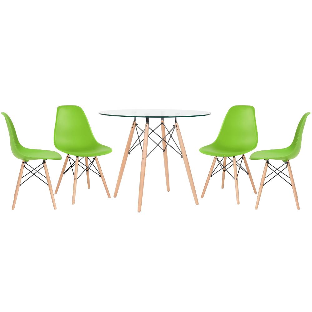 Mesa redonda Eames com tampo de vidro 90 cm + 4 cadeiras Eiffel DSW Verde claro