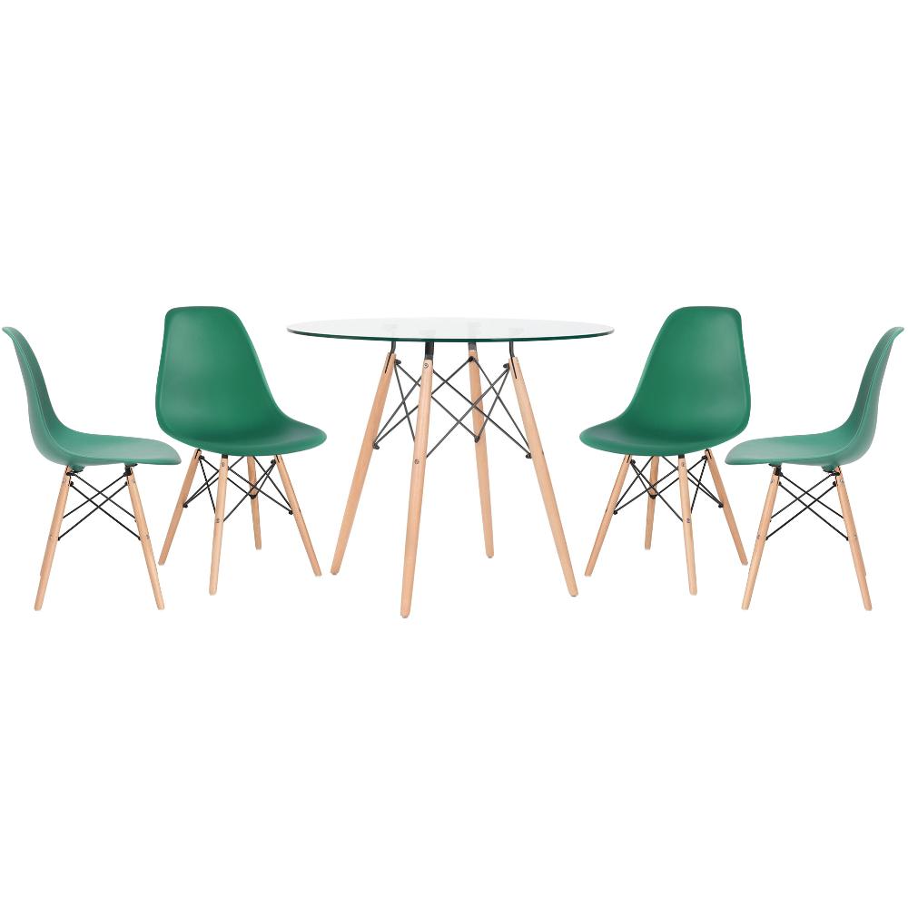 Mesa redonda Eames com tampo de vidro 90 cm + 4 cadeiras Eiffel DSW Verde escuro