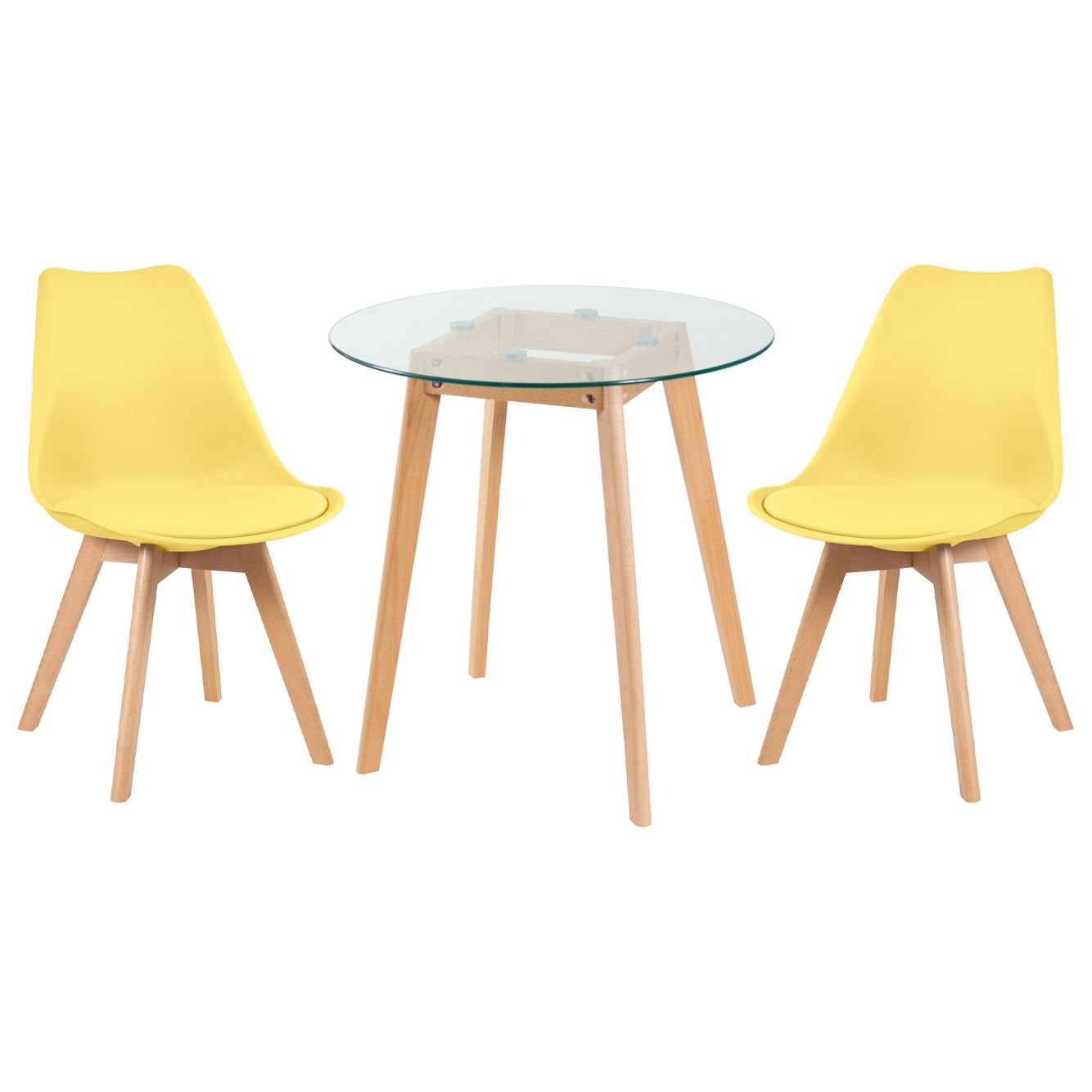 Mesa redonda jantar cozinha com tampo de vidro 70 cm + 2 cadeiras estofadas Leda Amarelo
