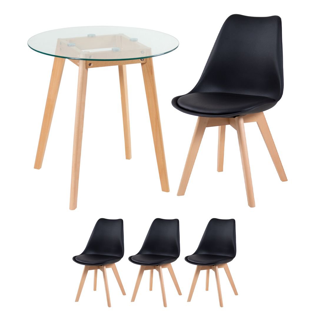 Mesa redonda jantar cozinha com tampo de vidro 70 cm + 3 cadeiras estofadas Leda Preto