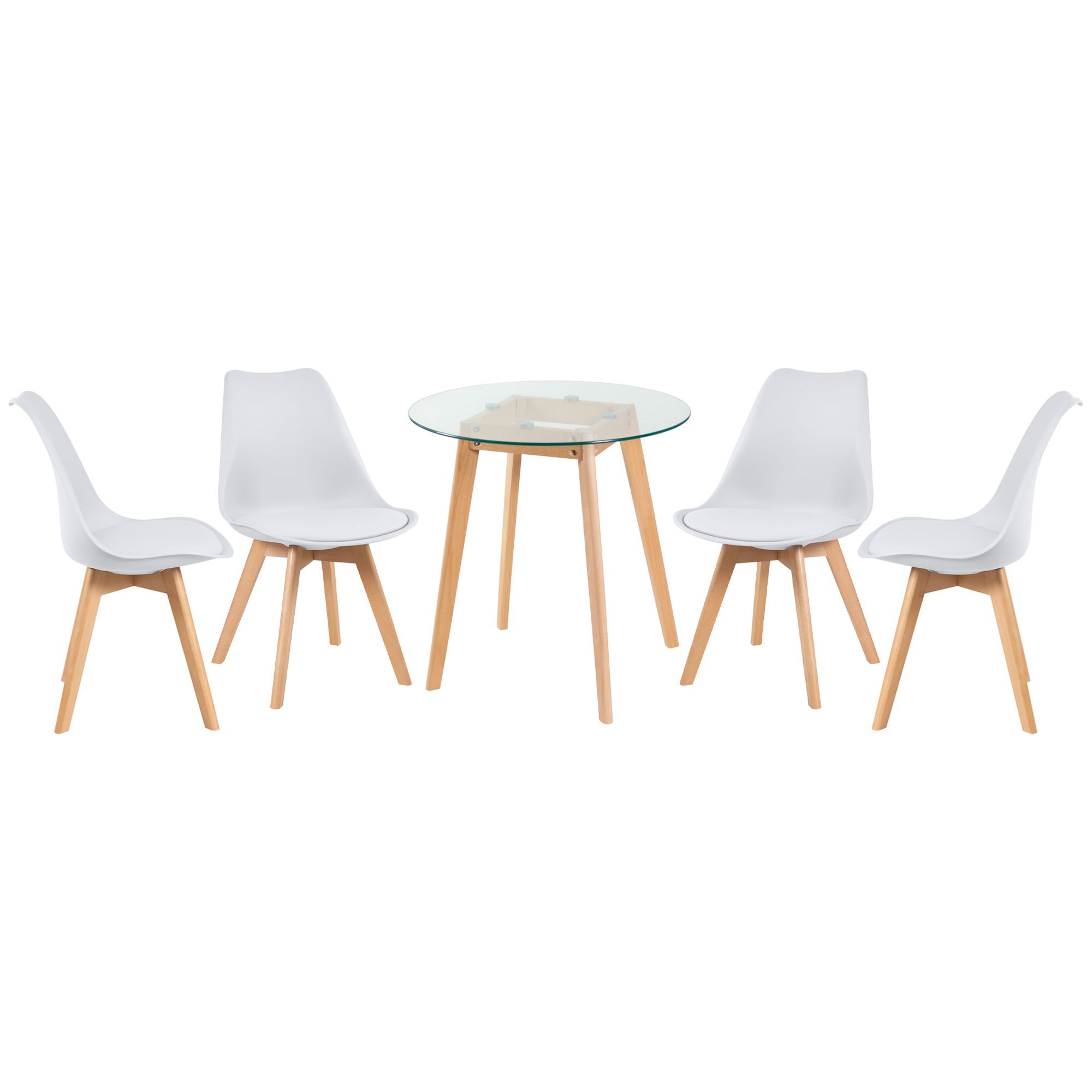 Mesa redonda jantar cozinha com tampo de vidro 70 cm + 4 cadeiras estofadas Leda Branco