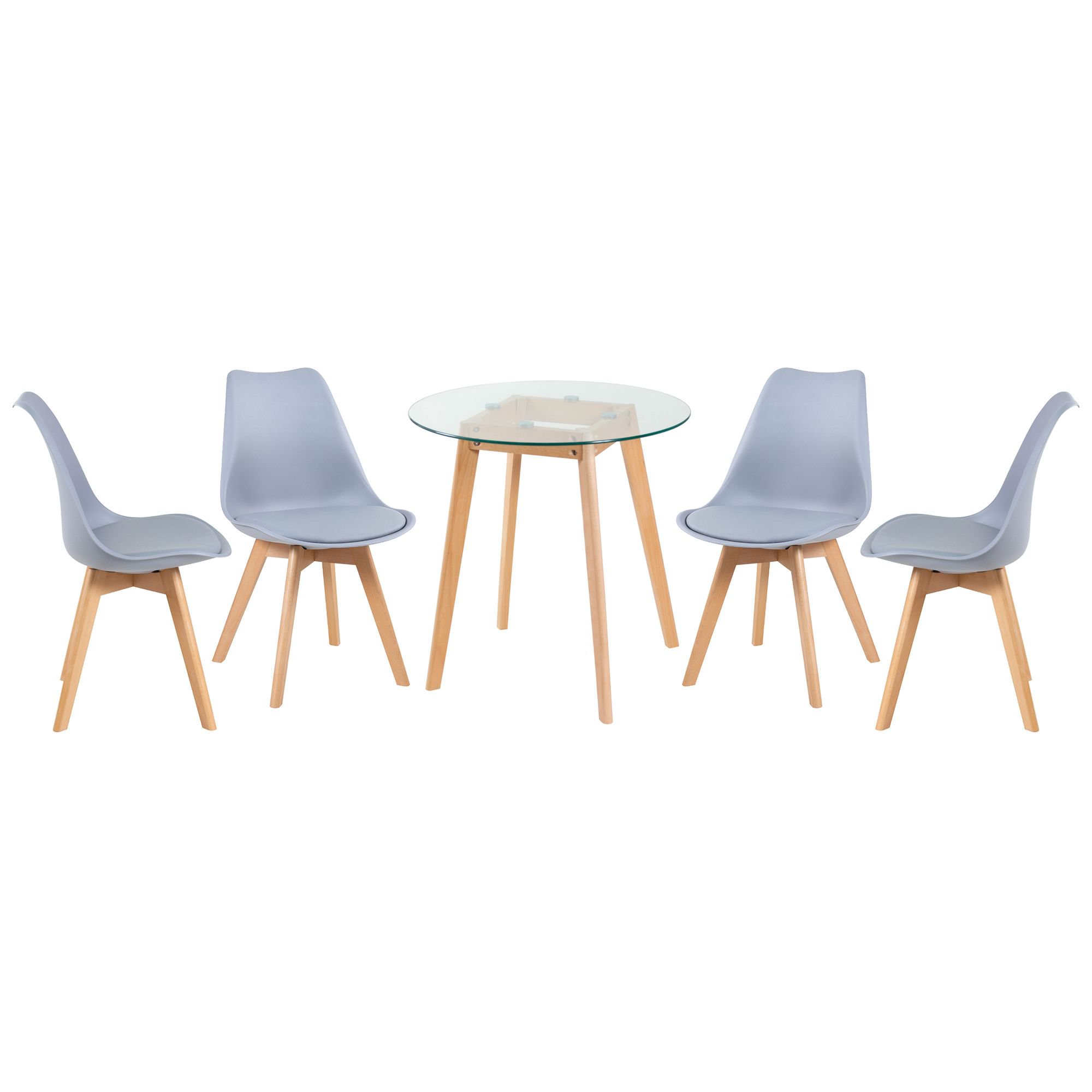 Mesa redonda jantar cozinha com tampo de vidro 70 cm + 4 cadeiras estofadas Leda Cinza Claro
