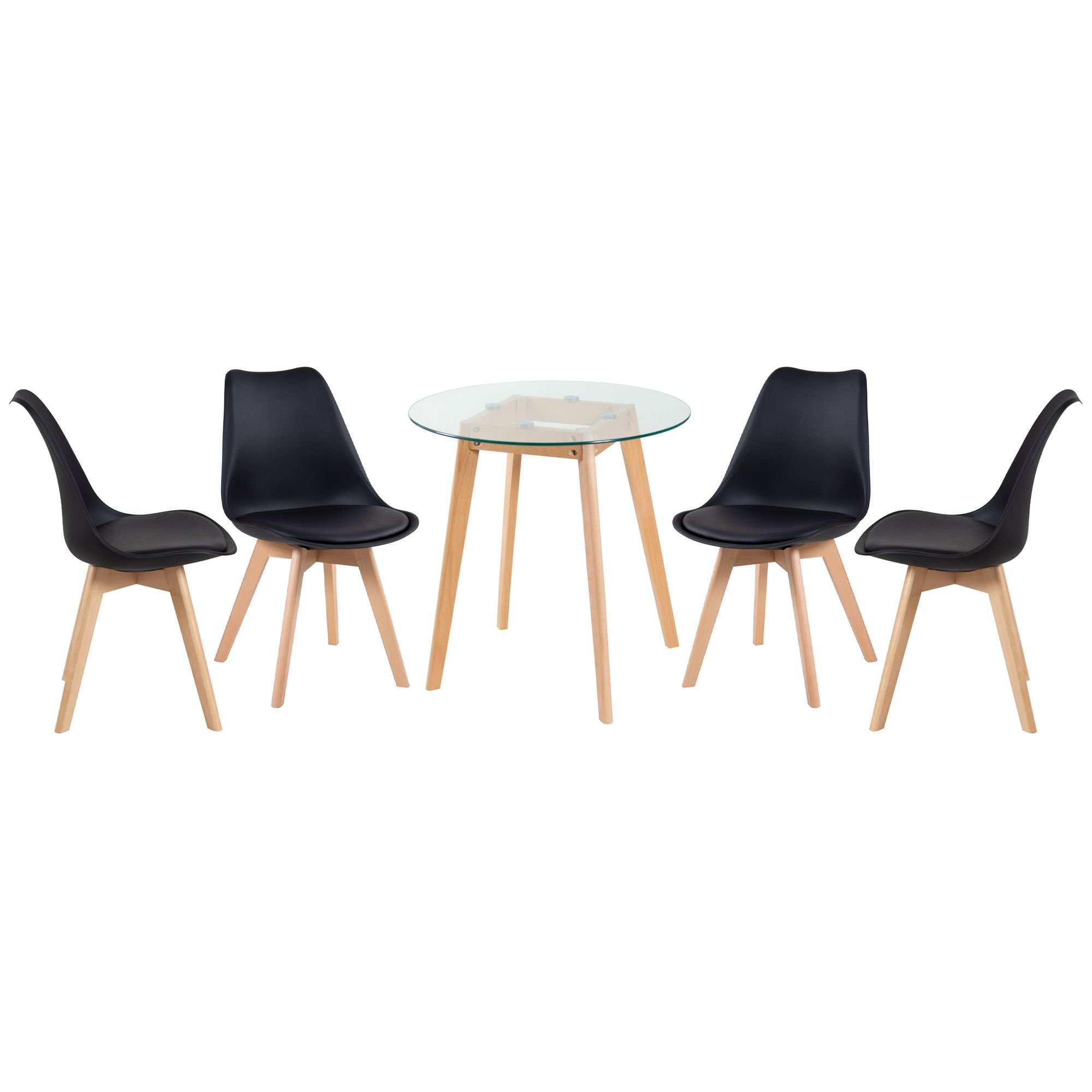 Mesa redonda jantar cozinha com tampo de vidro 70 cm + 4 cadeiras estofadas Leda Preto