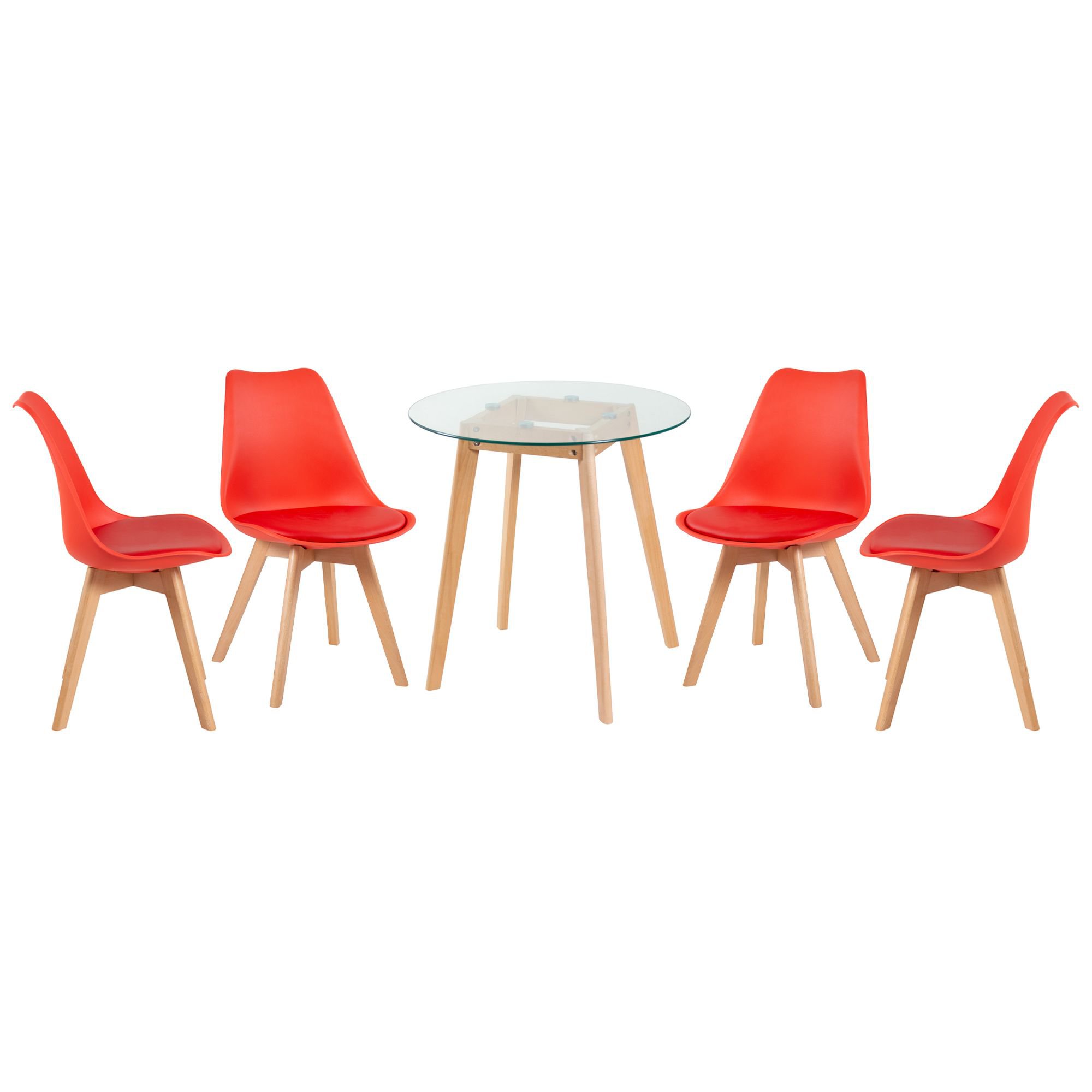 Mesa redonda jantar cozinha com tampo de vidro 70 cm + 4 cadeiras estofadas Leda Vermelho