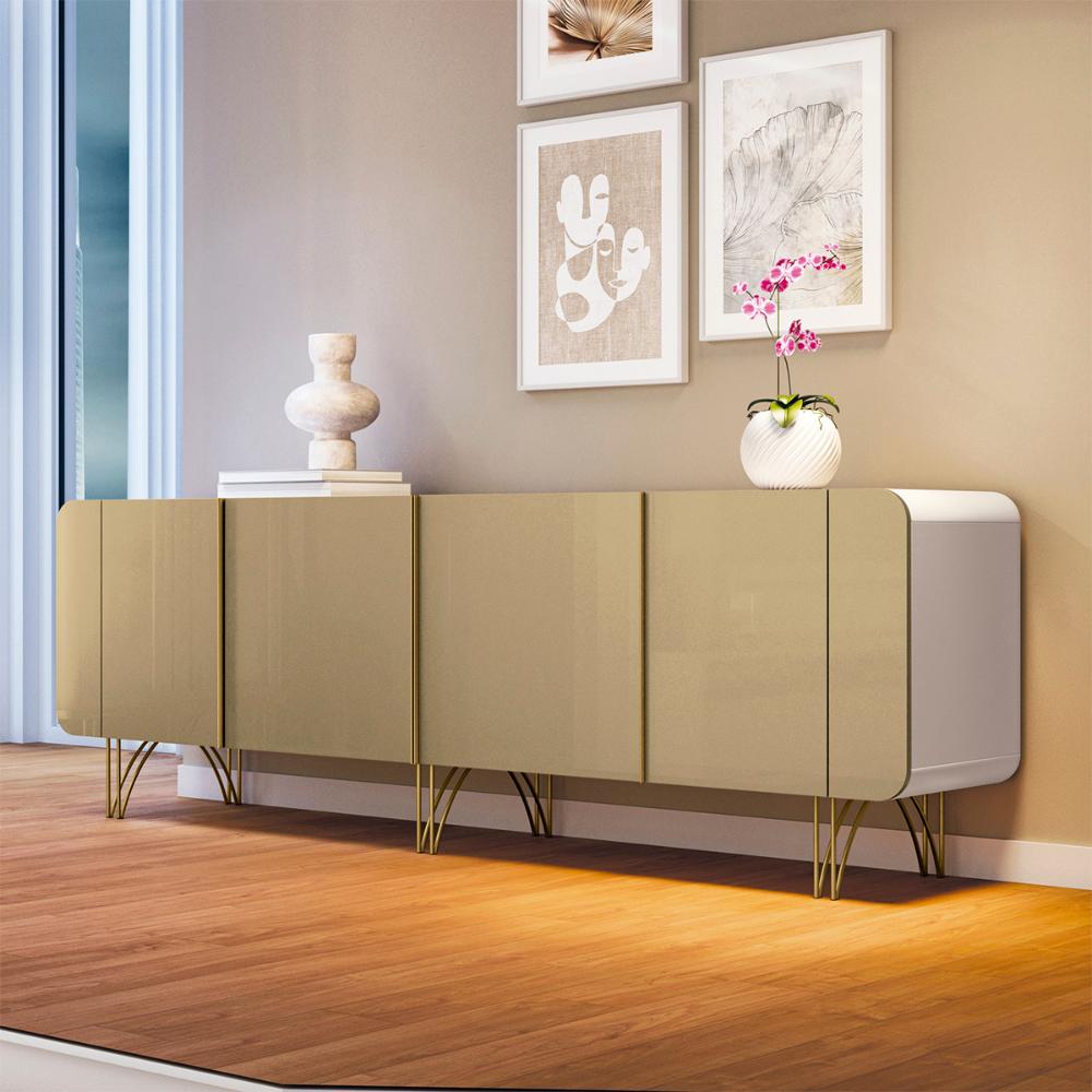 Aparador Buffet Sala Saluti Com 4 Portas e Pés em Aço Off White/Champanhe