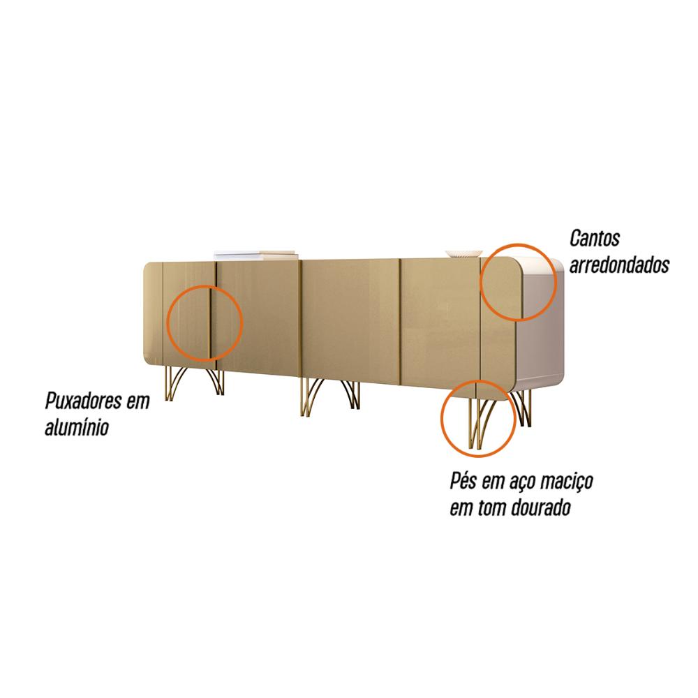 Aparador Buffet Sala Saluti Com 4 Portas e Pés em Aço Off White/Champanhe