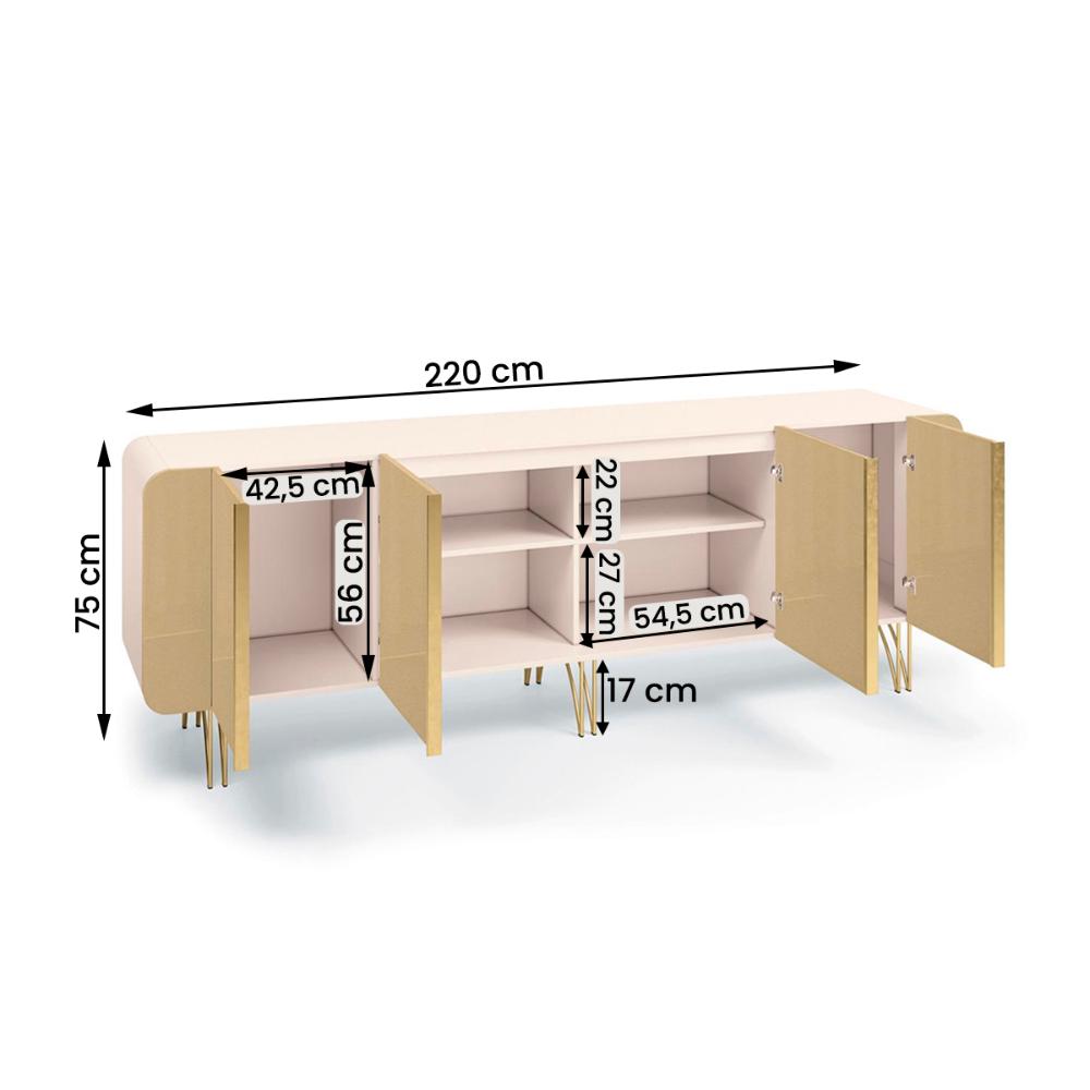 Aparador Buffet Sala Saluti Com 4 Portas e Pés em Aço Off White/Champanhe