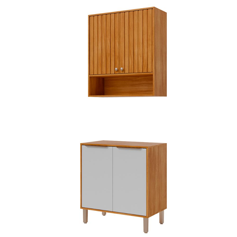 Armário Aéreo com Balcão Divina 80 cm Para Cozinha 4 Portas Cinamomo/Branco