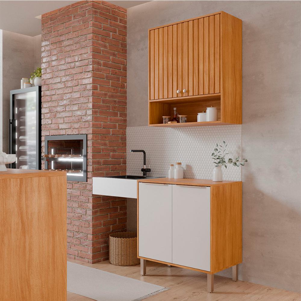 Armário Aéreo com Balcão Divina 80 cm Para Cozinha 4 Portas Cinamomo/Branco