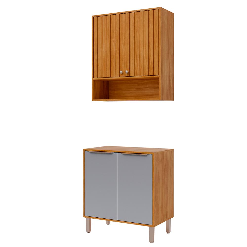 Armário Aéreo com Balcão Divina 80 cm Para Cozinha 4 Portas Cinamomo/Platina